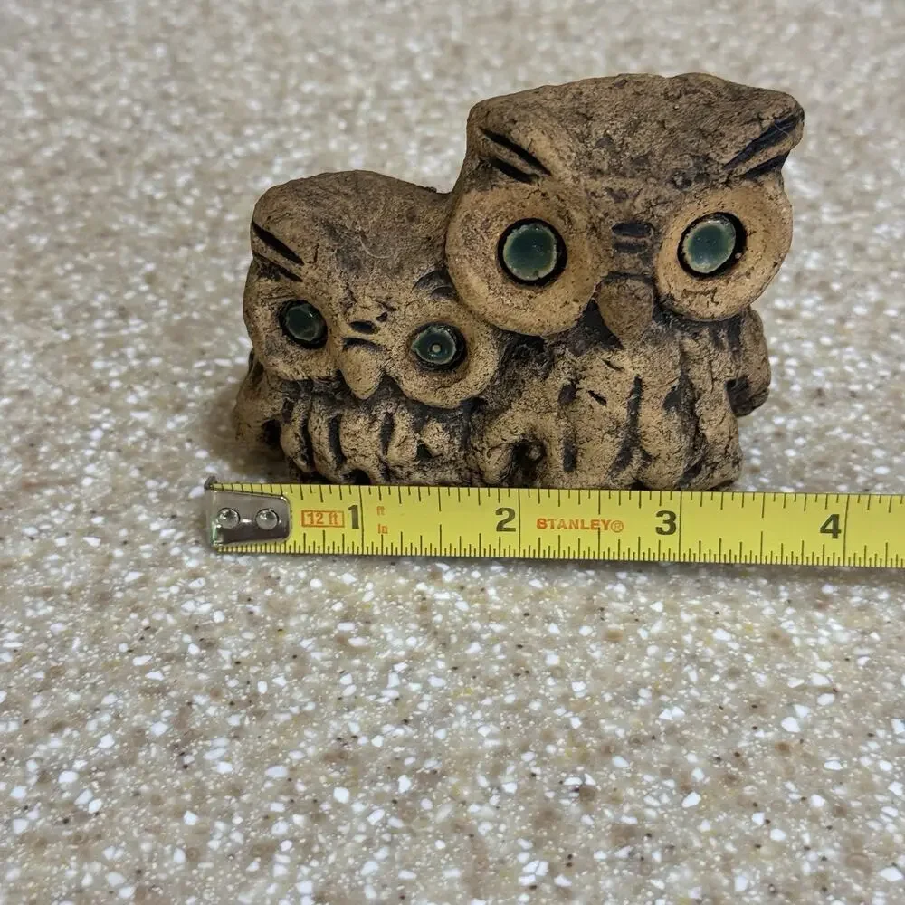 Vintage Stoneware Hoot Owl Figurine Owls Mother Baby Owlet Green Eyes MCM Small